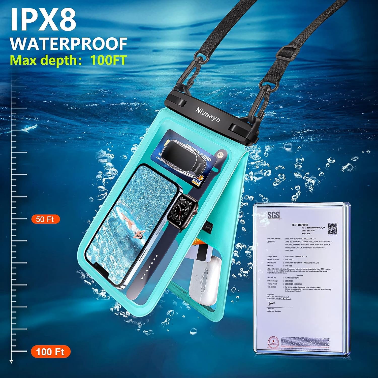 TJS [2 Pack] Up to 10.5" Double Space Large Waterproof Phone Pouch Bag with Lanyard, IPX8 Waterproof Cellphone Dry Bag Case for iPhone 16 15 Pro Max 14 Pro 13 12 Galaxy S23 Ultra S22 (Black+Teal)