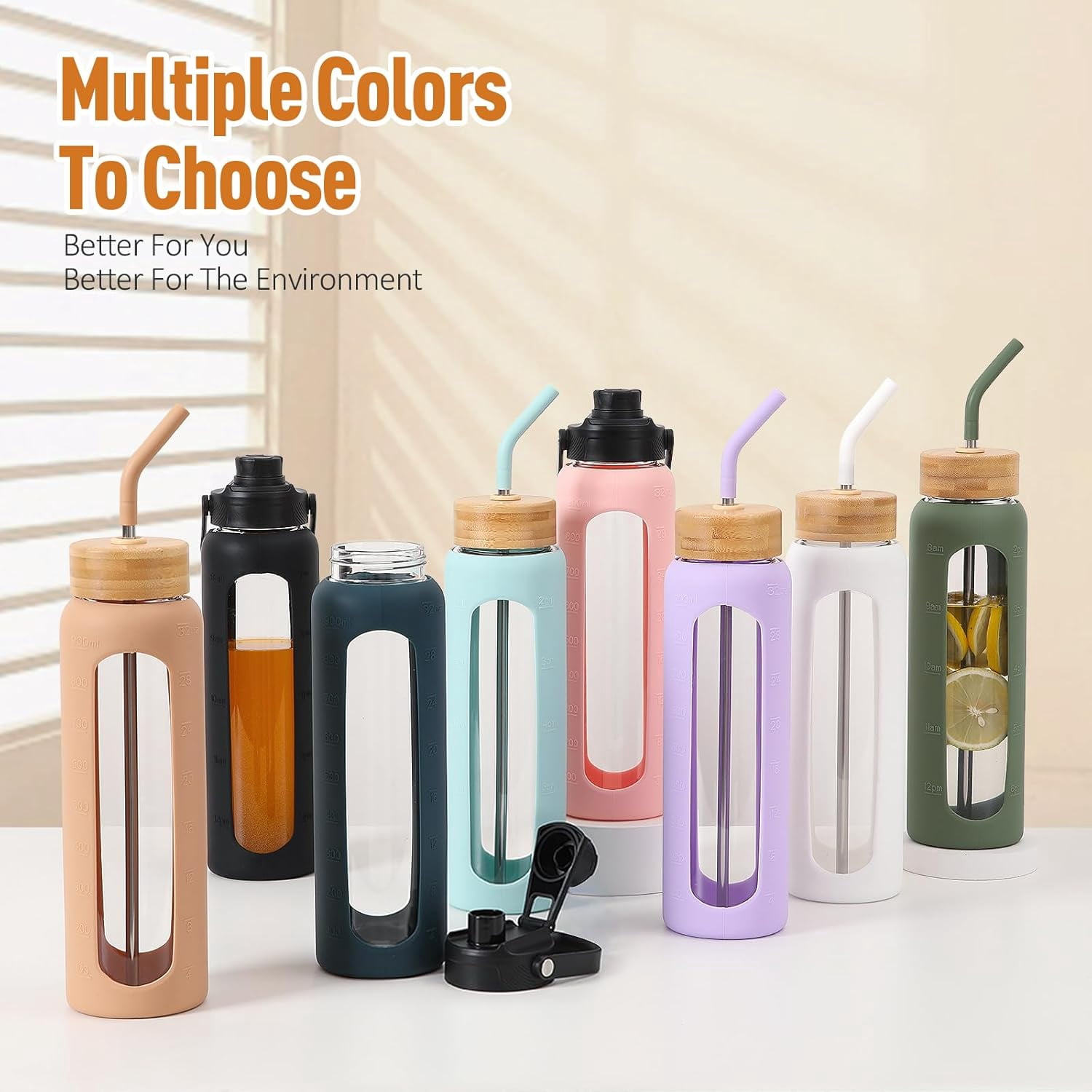 MUKOKO Glass Water Bottle, 32oz Sports Drinking Tumbler with Silicone Sleeve and Straw, 1 Cup 2 Lids, Black