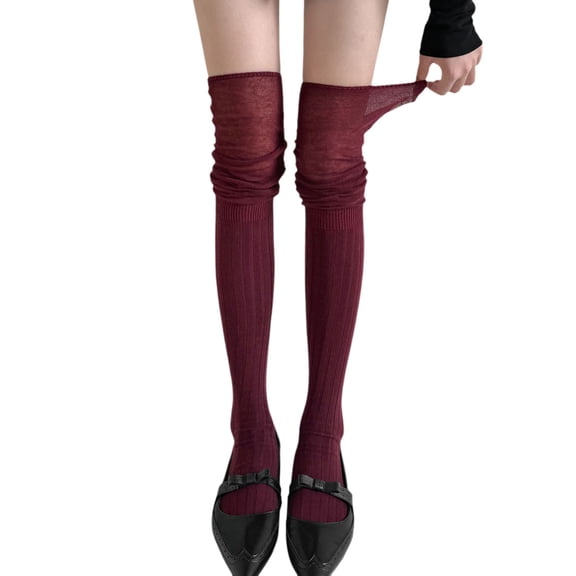 Women Fall Winter Red Stockings Burgundy Patchwork Over Knee Long Slouchy Socks Solid Color Daily Hosiery