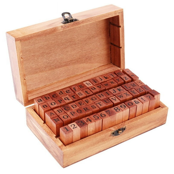 Pack of 70pcs Rubber Stamps Set Vintage Wooden Box Case Alphabet Letters Number Craft (No Ink Pad Included)