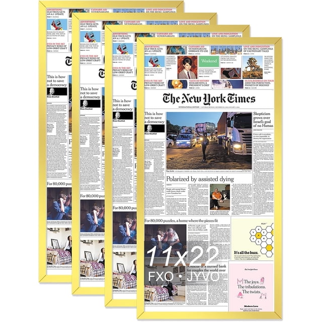 Fxojyvo 11x22 Newspaper Frame Set of 4, Display 11 x 22 Inch Newspaper Front Page for Wall, Light Weight and High Transparent Picture Frame - 4 Pack/Gold/11by22