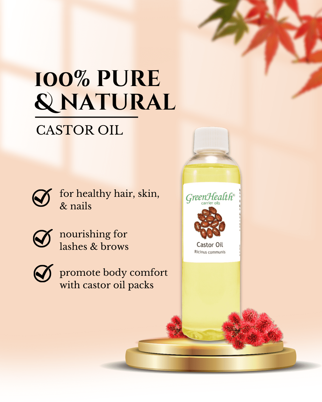 Castor Oil – 1 Gallon Plastic Jug w/Cap – 100% Pure Carrier Oil - For Eyelashes & Eyebrows - GreenHealth