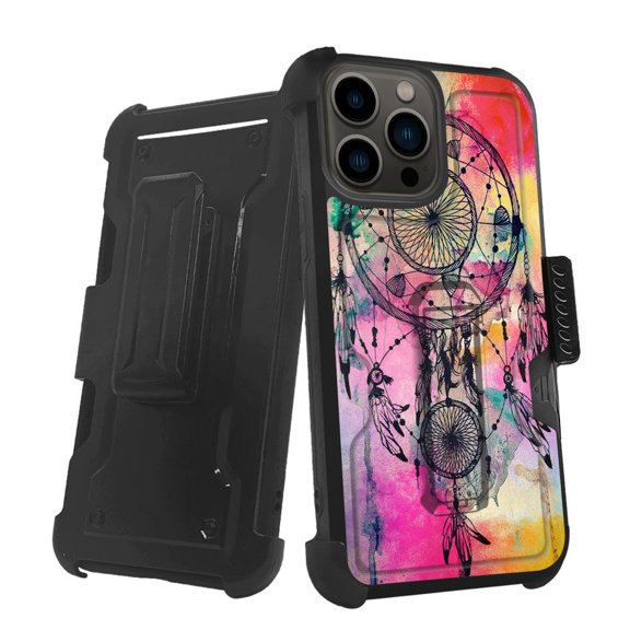 ANJ  Rugged Shockproof Holster Case w/Card Slot, Kickstand   Tempered Glass for iPhone 13 Pro (6.1") - Abstract Dreamcatcher