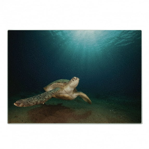 Turtle Cutting Board, Green Turtle Swimming Underwater Sunbeams Aquatic Wildlife Picture, Decorative Tempered Glass Cutting and Serving Board, Small Size, Pale Brown Dark Blue, by Ambesonne