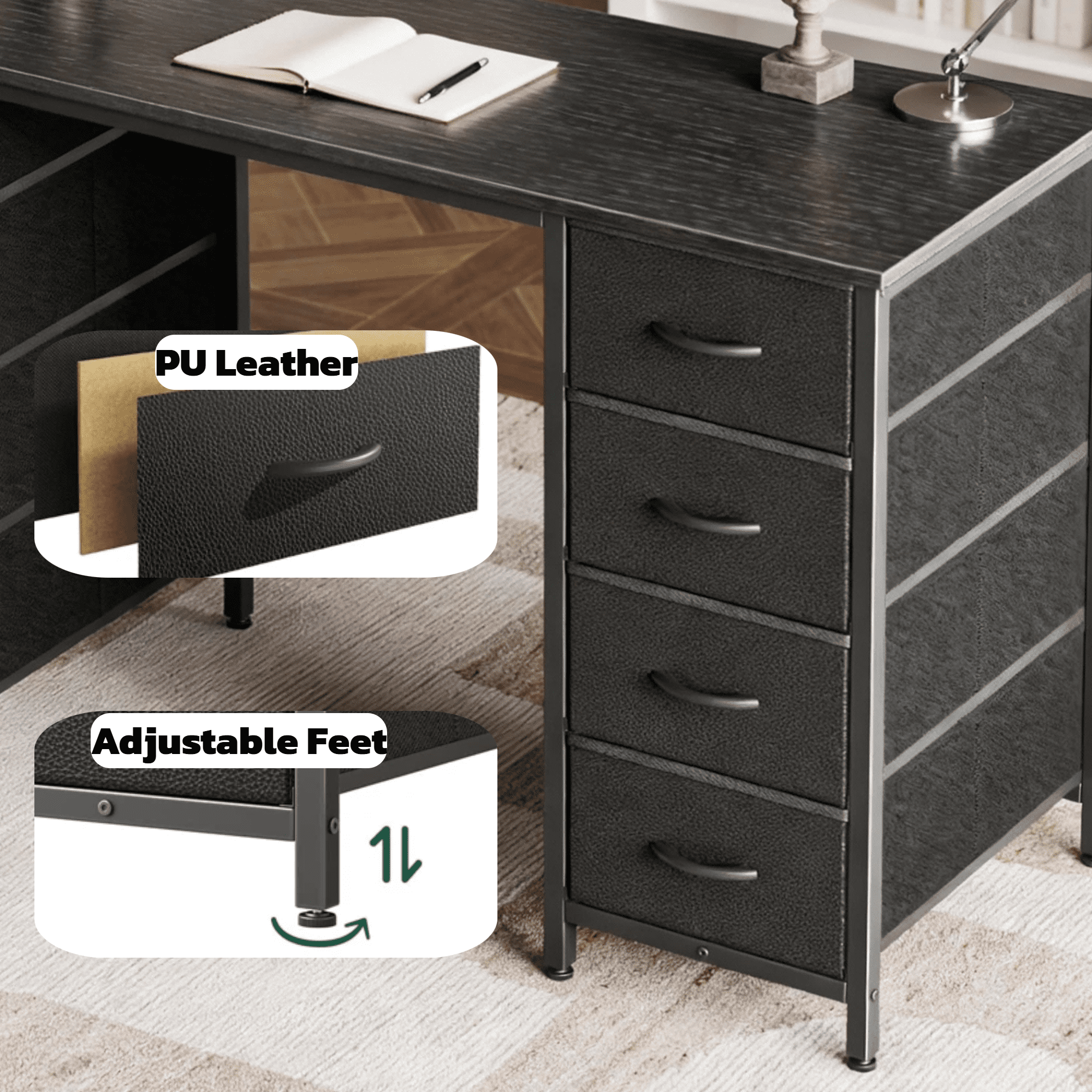 CONCETTA 47 Inch Computer Desk with 8 Fabric Drawers, Home Office Desk Workstation for Study & Gaming, Large Storage Writing Desk, Sturdy Metal Frame, Black