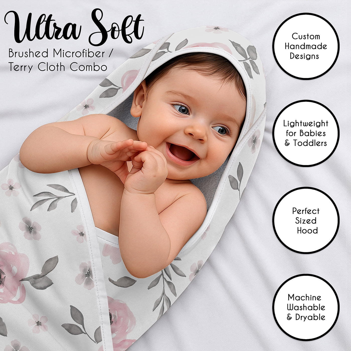 Sweet Jojo Designs Watercolor Floral Pink and Grey Girl Hooded Baby Towels - Toddler Bath Towel