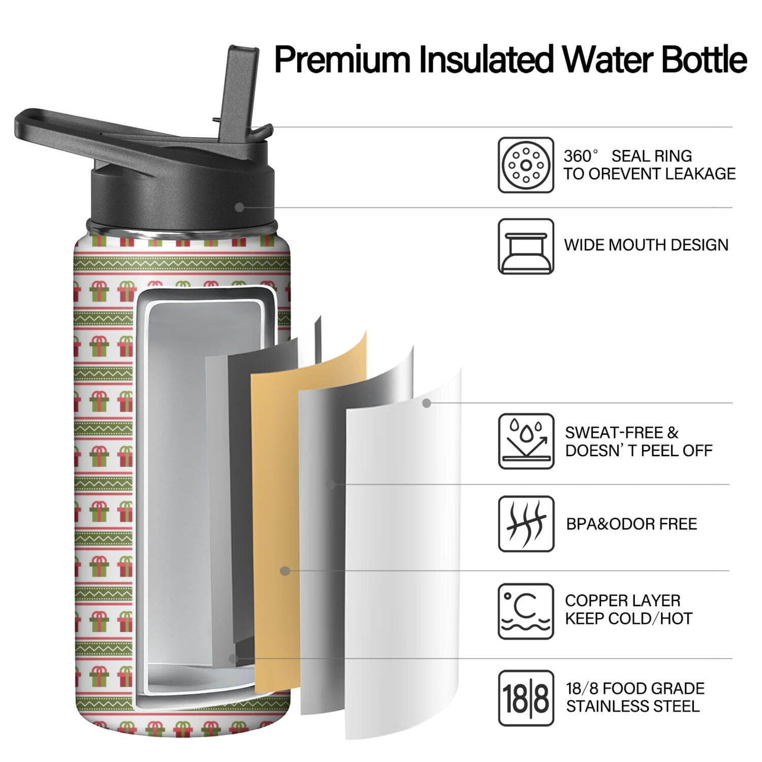 Christmas 18 oz Insulated Stainless Steel Water Bottle with Straw & Cleaning Brush , Leakproof, BPA-Free, 304 Stainless Steel, Wide Mouth, Travel Mug for Car, Gym, Office