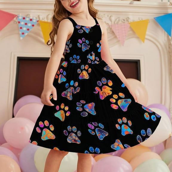 Pounoo Party Dresses for Girls New Style Print Slit Neck Sleeveless Mid-Length Summer Dresses with Pocket Button Flounce Comfort Fit Girls Casual Dresses