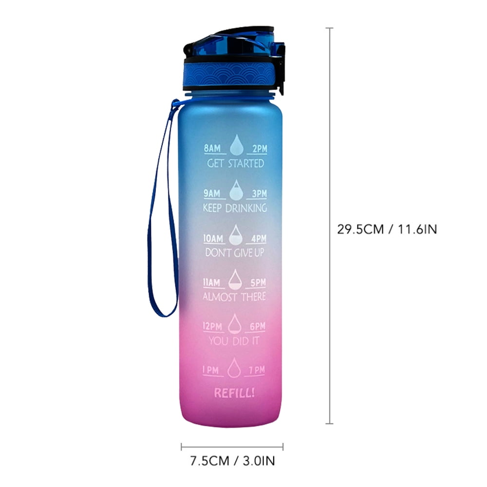 Fyrome 32 oz Plastic Sport Water Bottle Kids Flip Top Lid with Motivational Time Marker, Leakproof & BPA Free for Fitness Gym Outdoor, Blue