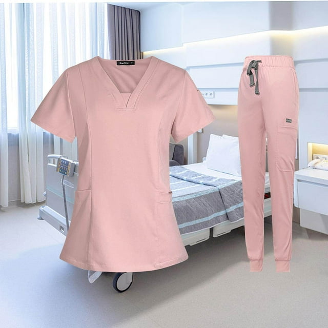 facefd Ensemble de Sarrau pour Femme Infirmière Col en v Lavable à la Machine Manches Courtes Tenue L Rose