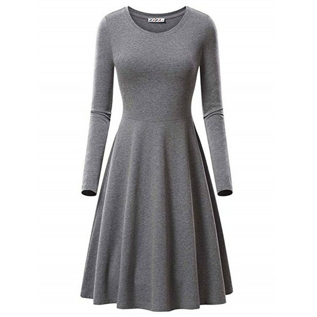 cfhntfmh Robes de Travail pour Femmes Détente Col Rond Manches Longues Robe de Bureau Grande Taille Décontractée Plissée Couleur Unie Robe Ligne A