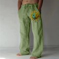 thumbnail image 2 of Pantalones casuales de lino para hombre, estampado de mariposas y pájaros, talla grande, sueltos, ligeros, elásticos, con cordón, para exteriores, playa, yoga 017-verde G 017-verde G Xishao ropa, 2 of 2