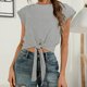 thumbnail image 2 of Sexy Casual mujer manga corta sólido cuello redondo Tops damas blusa encaje hasta chaleco Pompotops lopia987944, 2 of 6