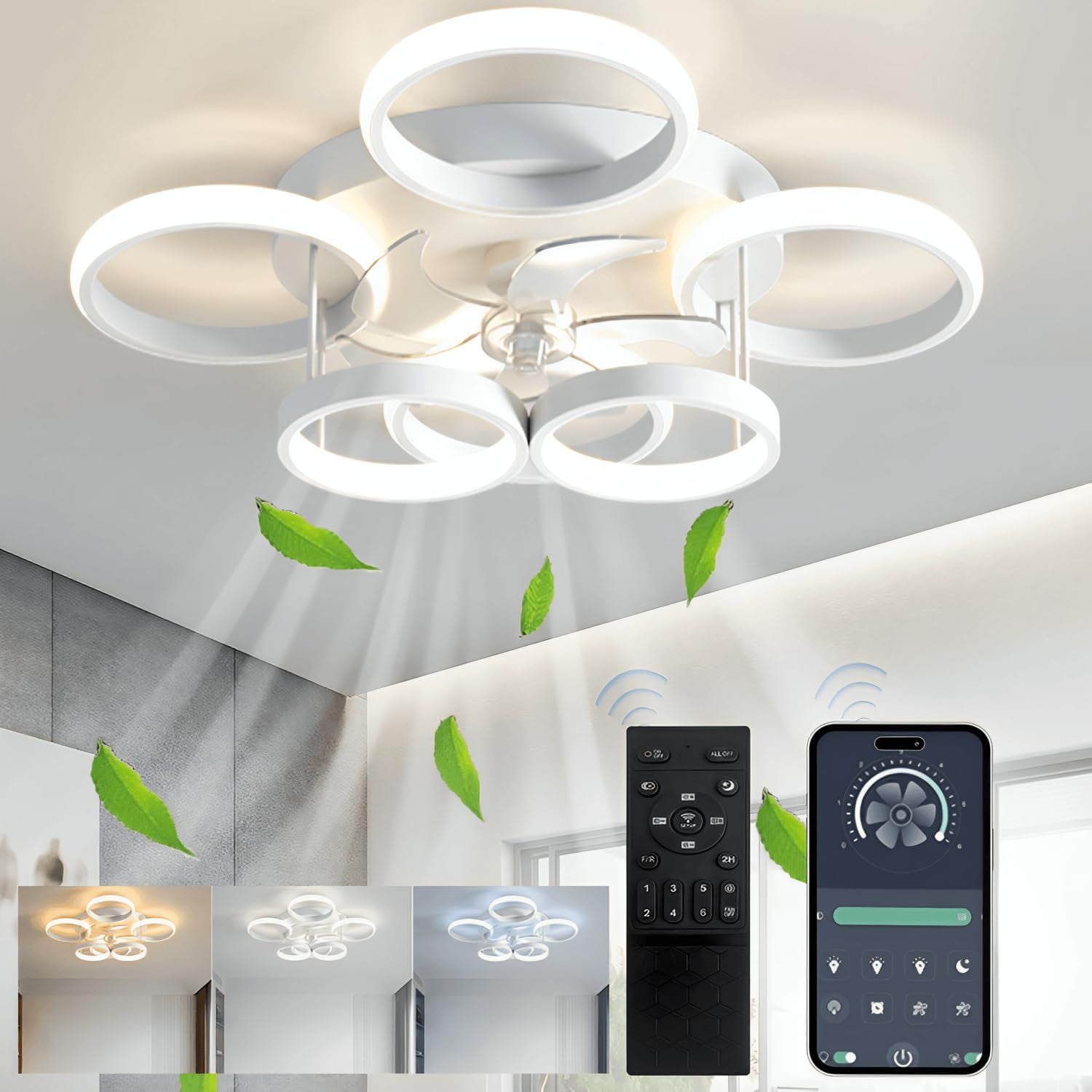 Garwarm Ceiling Fans with Lights, Modern Ceiling Fan with Lights Remote Control, Low Profile Ceiling Fan, 6 Speed Dimmable LED Ceiling Lamp for Bedroom, Kitchen, White