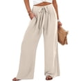 thumbnail image 2 of Pantalones anchos para mujer - Cintura ajustable, nudo fluido, corte holgado informal con bolsillos, pantalones de playa de lino para todas las estaciones, 2 of 4