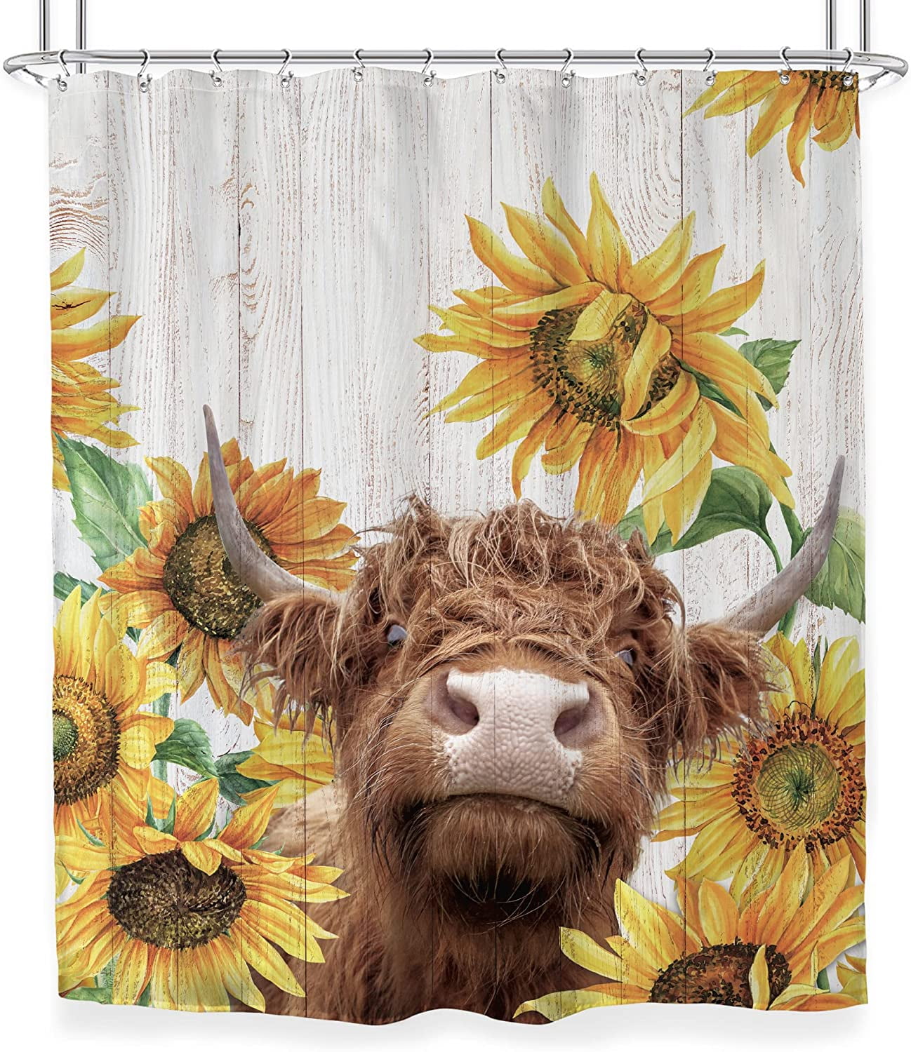 Highland Cow Shower Curtain - Rustic Farmhouse Bathroom Decor With Funny 'Get Naked' Text - 70x70 Inch Polyester Curtain With Hooks