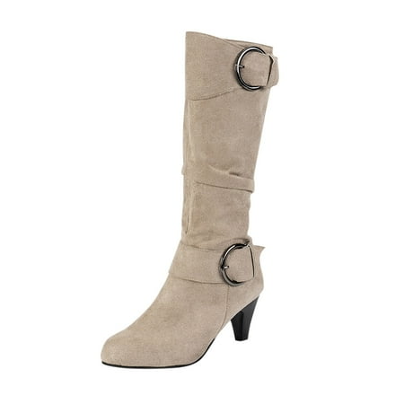 

Ediodpoh Women s Autumn And Winter Fashion Suede Fine Heel Solid Color Mid Calf Boots Temperament Comfortable Boots Womens Boots Beige 7