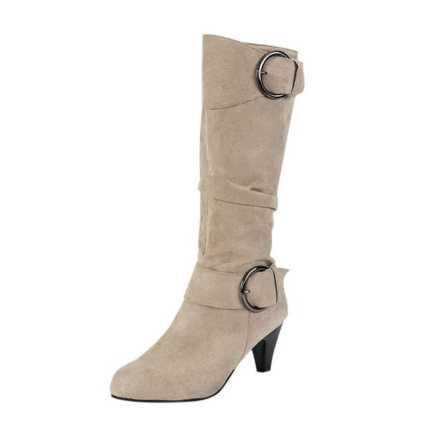 Bottes Mi-Mollet pour Femmes - Mode Automne et Hiver en Suède, Talon Fin, Confortables, Chaussures Unies pour Femmes
