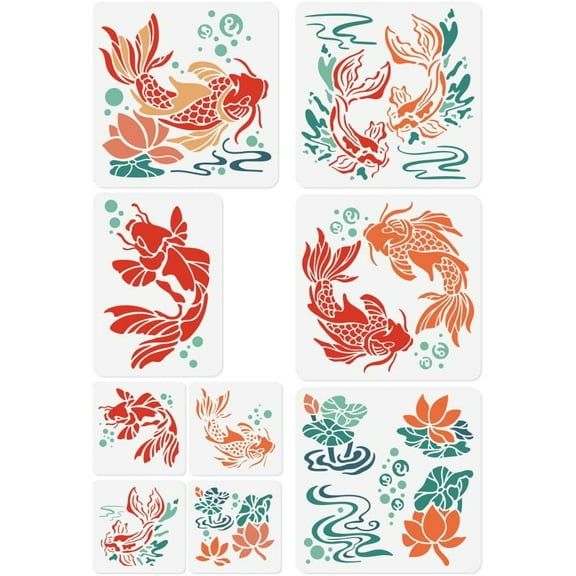 9Pcs Koi Fish Stencils Template DIY Crafts Reusable Plastic Stencils for Painting on Walls Floors Fabric Furniture Glass