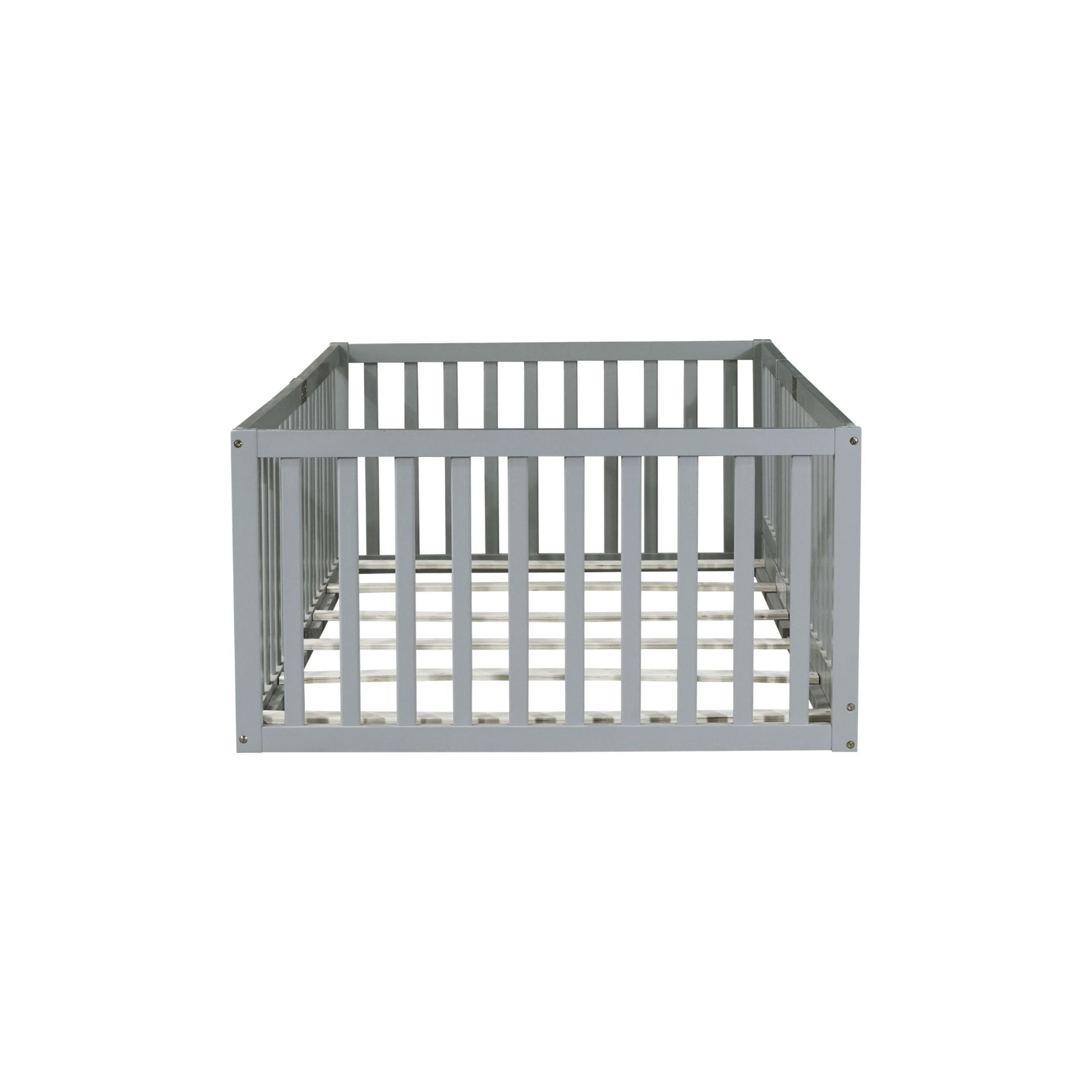 Noble House Alista Twin Size Rubber Wooden Floor Bed with High Safety Fence Guardrails and Door, Grey