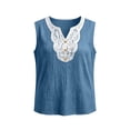 thumbnail image 5 of Karymi T Shirts for Women Sleeveless Lace Trim V‑Neck Tank Top, Solid Fake Linen Crinkle Textured Loose‑Fit Casual Vest, Relaxed Wide Strap Sleeveless Top Womens Tops, 5 of 8