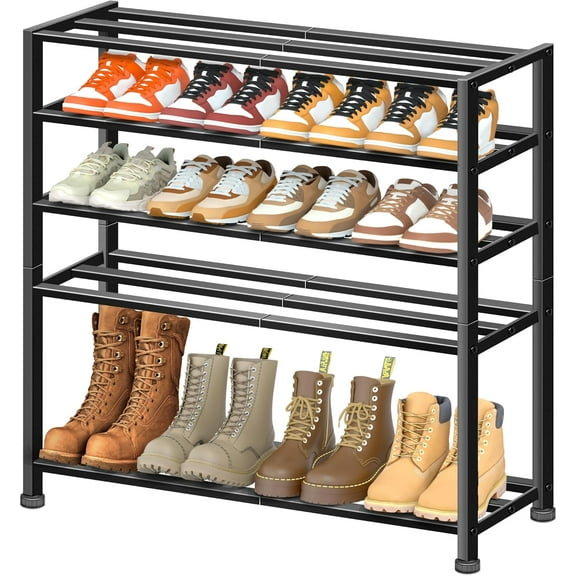 5Tier Heavy Duty Shoe Rack For Garage Entryway Stackable Shoe Organizer For 25 Pairs Men Boots Shoe Rack For Closet Metal Shoe Storage Shelf Floor Hallway Black