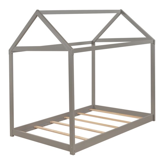 [US IN STOCK] Twin Size Wooden House Bed, Gray(New)