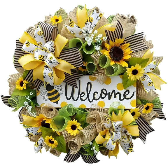 LAMIRO Sunflower Wreath with Welcome,Spring Summer Wreaths for Front Door Unique Housewarming Gift Farmhouse Porch Decor Wall Wedding Favors Year Round Swag All Seasons