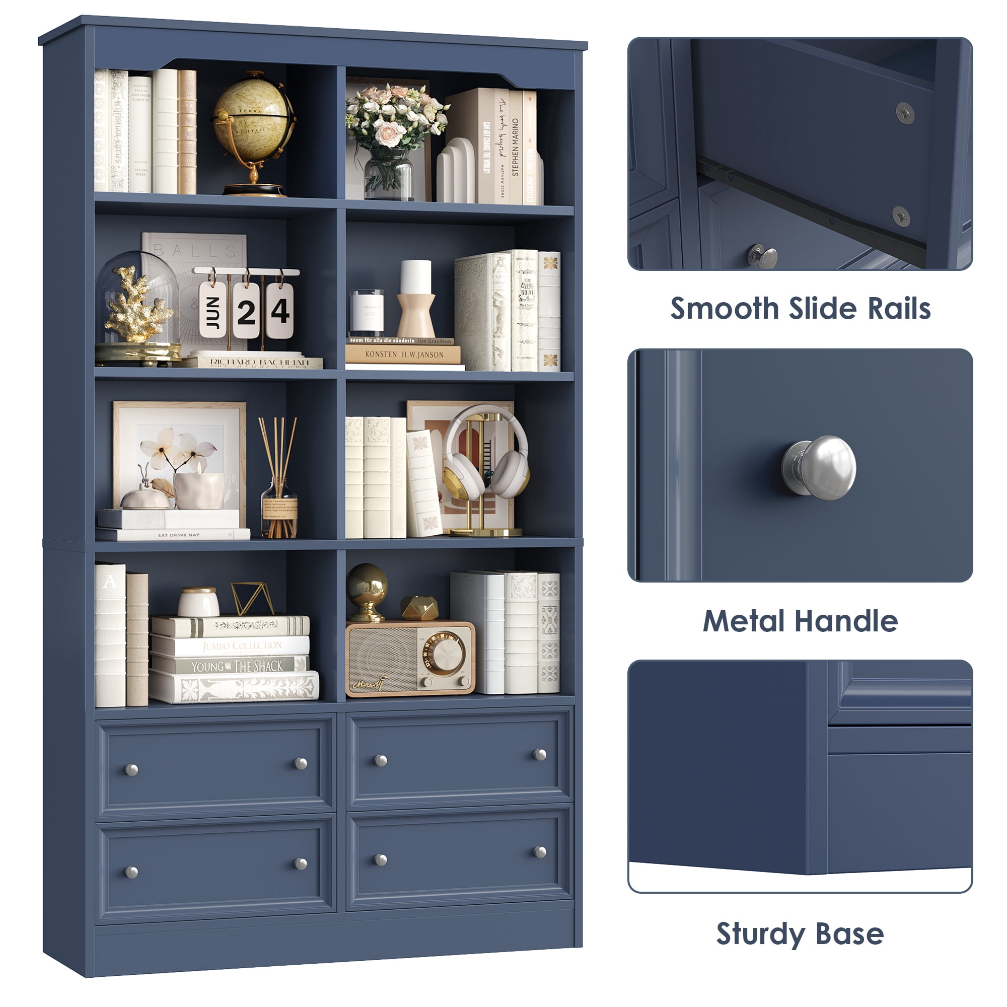 Homfa Double Row 6 Tier Bookcases, 71 in Tall Bookcase Bookshelf with 4 Drawers and 8 Display Cubicles, for Home Office Living Room, Blue