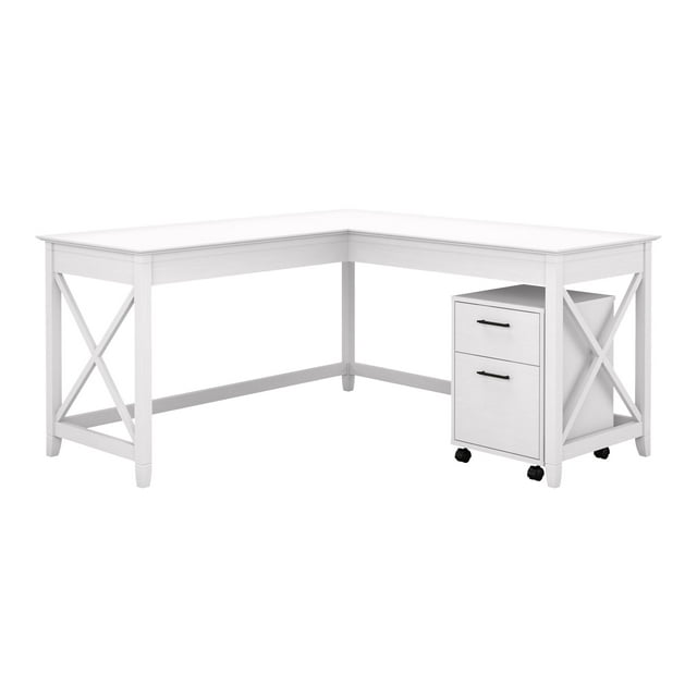 Bush Furniture Key West - Table avec Classeur mobile à 2 Tiroirs - en L - Chêne Blanc Pur
