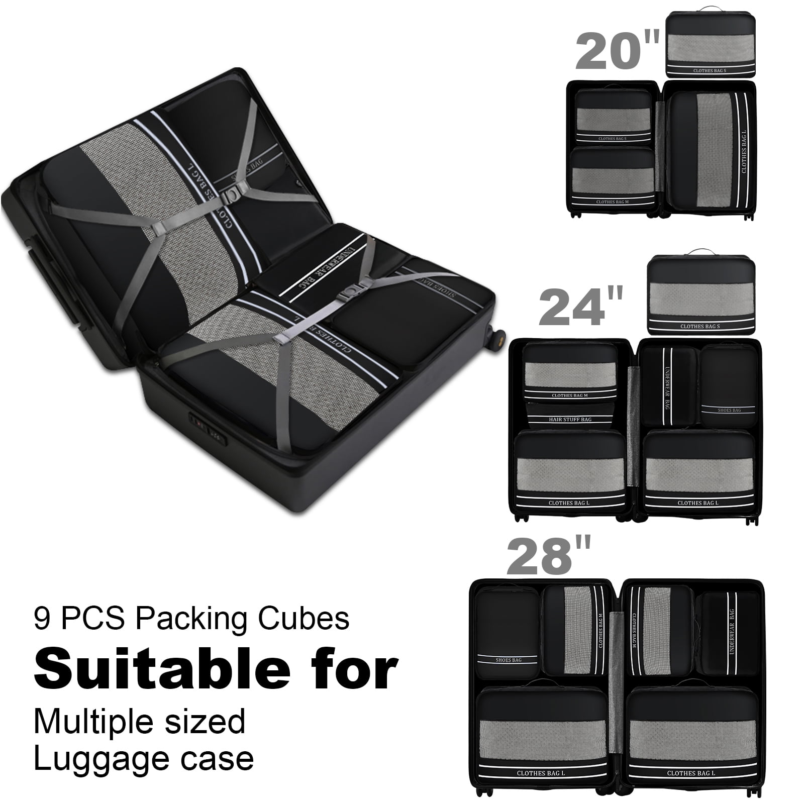 LEPECQ 9Pcs Packing Cubes,Nylon Luggage Packing Organizers for Travel Accessories Space Saving Travel Bags for Carry On, Lightweight Laundry and Shoe Bag