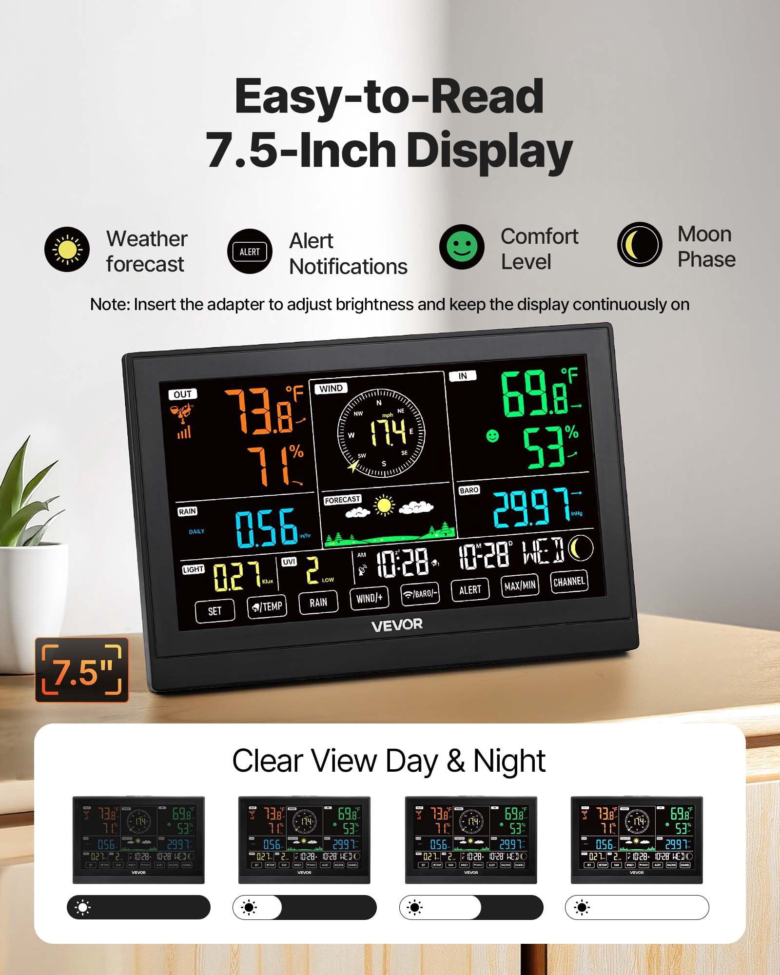 7-in-1 Wireless Weather Station with 7.5-Inch VA Display Solar Powered Outdoor Sensor Rain Gauge for Indoor Outdoor Temperature Humidity Wind Speed and Direction Forecast No WiFi
