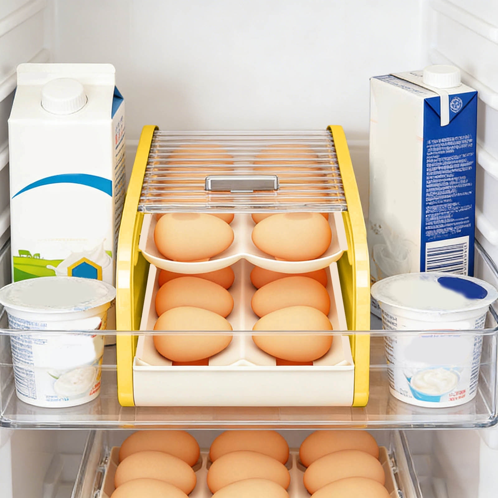Refrigerator Egg Storage Rack Organizer - Automatic Rolling Rotating Egg Holder, Space Saving Expandable Kitchen Fridge Shelf for Eggs & Food Containers