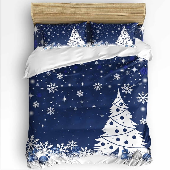 Navy Blue Christmas Twin Size Comforter Set, White Christmas Tree Xmas Ball Snowflakes Bedding for All Seasons, 4 Pcs Bed Set with 1 Comforter (68"x86") ,1Sheet(66"x116"), 2 Pillowcases (19"x29")