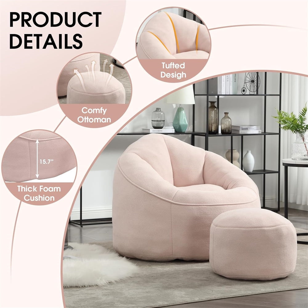 Bean Bag Chair for Adult, Upholstered Bean Bag Sofa with Footstool and Petal Back, Memory Foam Stuffed Bean Bag Couch for Living Room, Bedroom, Apartment, Pink