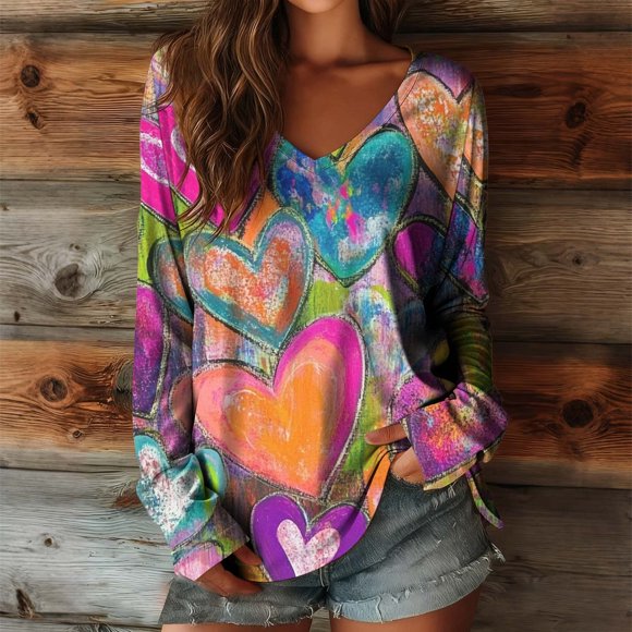 Uootdi Boho Tops for Women Love Heart Printed Graphic Long Sleeve Shirts Vintage Lightweight Casual Loose Graphic Blouses Gift