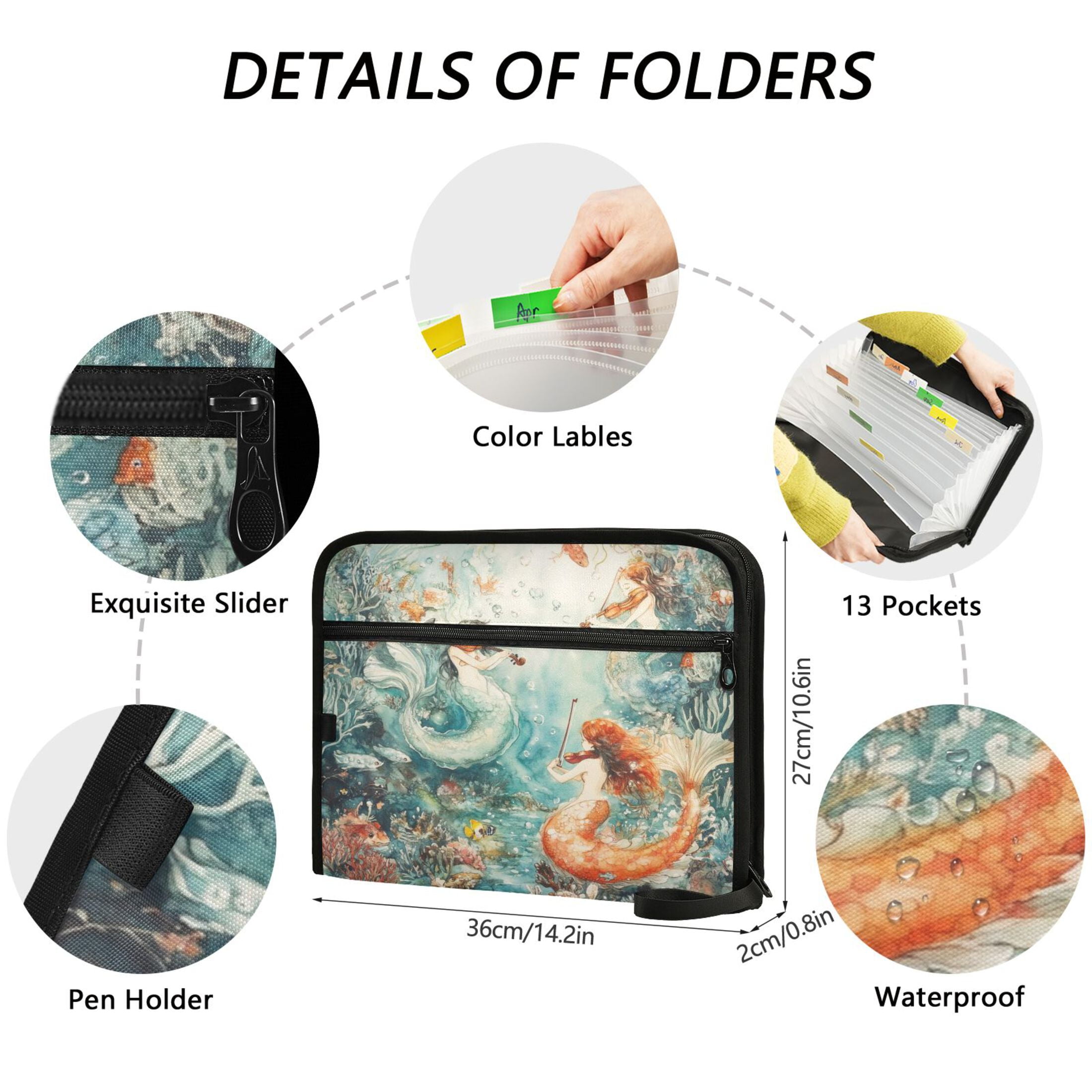 WOBOGO Mermaid Plays Music Expanding File Folder Letter Size Accordion Filing Organizer 13 Pocket Separate Organ Pocket