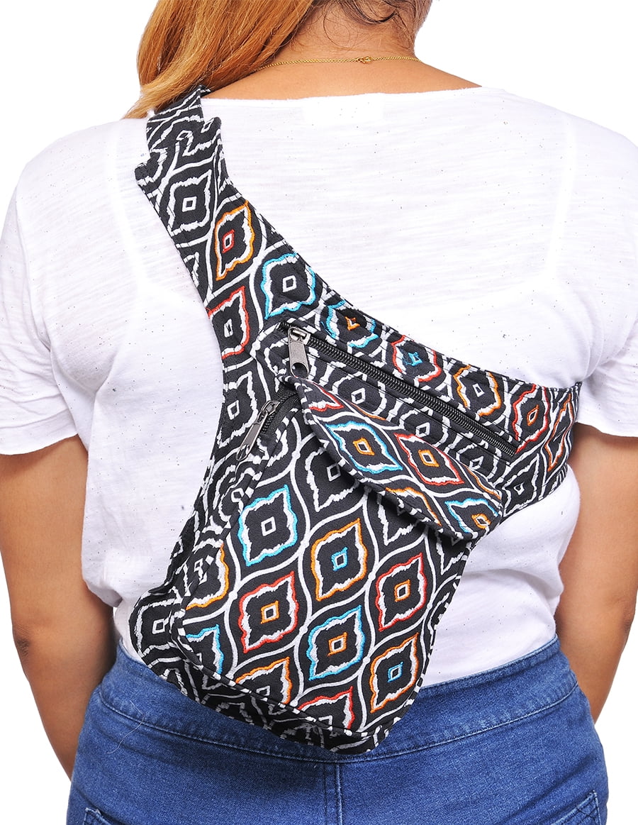 The Collection Royal Fanny Pack Crossbody Bags for Women| Cotton Canvas Boho Hippie Festival Colorful Belt Bag for Women (Black T)