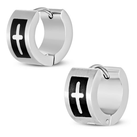 Stainless Steel Silver-Tone Black Religious Latin Cross Hoop Huggie Earrings, 0.5"