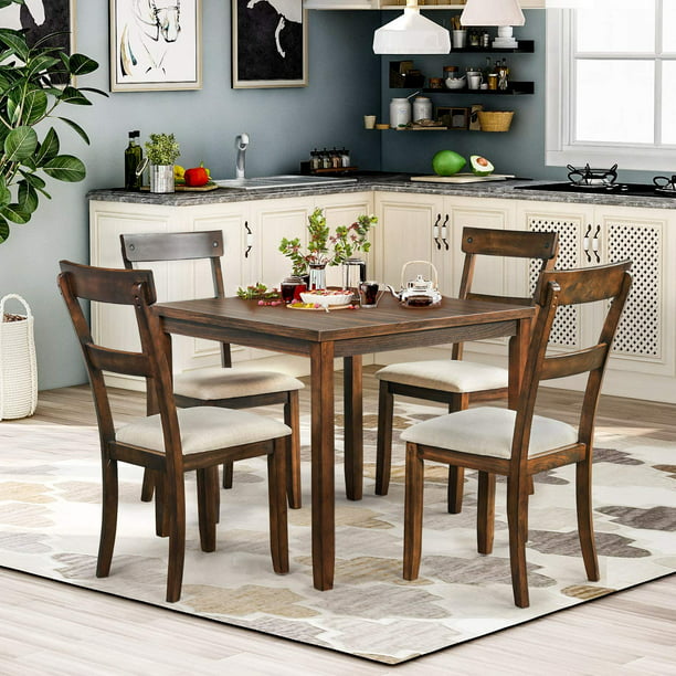 5 Piece Dining Table Set Rustic Wood, Small Rustic Dining Table Set