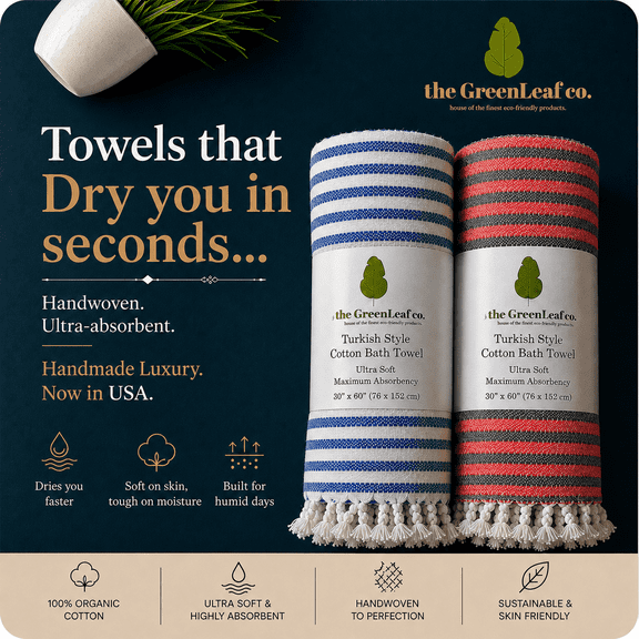 Greenleaf Organic Cotton Bath Towel Set, 2-Pack, 27x54 in, 320 GSM, Blue and Orange