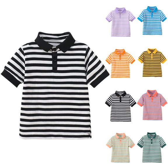 Crunowin Boys and Girls Short Sleeve T-Shirt Round Neck Striped Print Summer Lightweight Casual Everyday Wear Top Black Size 8