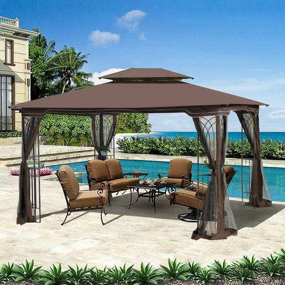 Royard Oaktree Patio Gazebo 13x10 Ft Outdoor Canopy Gazebo with Mosquito Netting and Corner Shelf Ventilation Double Roof Party Tent for Lawn Backyard Garden Deck,Brown