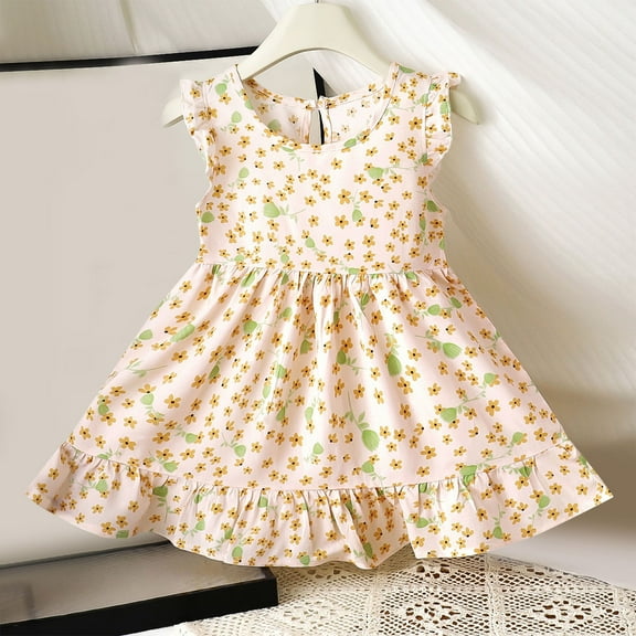 ATOGUTA Size 6M-11 Girls Maxi Dress Ruffle Short Sleeve Dresses Summer Casual Beach Sundress Yellow