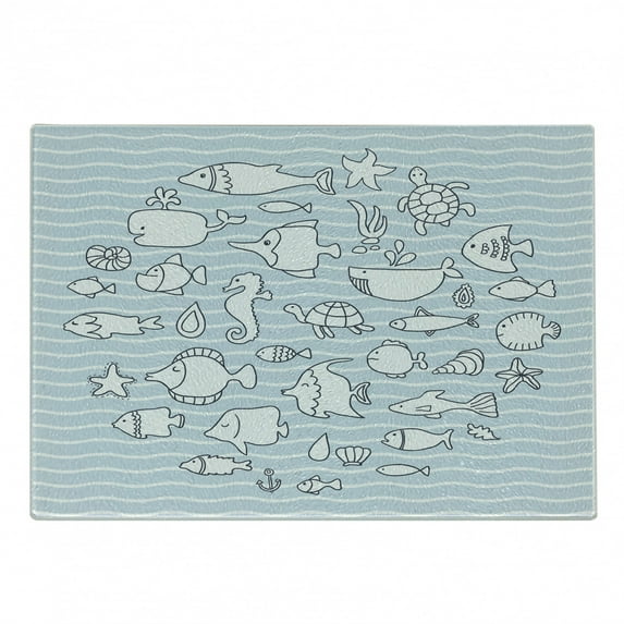 Nautical Cutting Board, Nursery Marine Theme Various Fish and Aquatic Animals on Pastel Tones Waves, Decorative Tempered Glass Cutting and Serving Board, in 3 Sizes, by Ambesonne