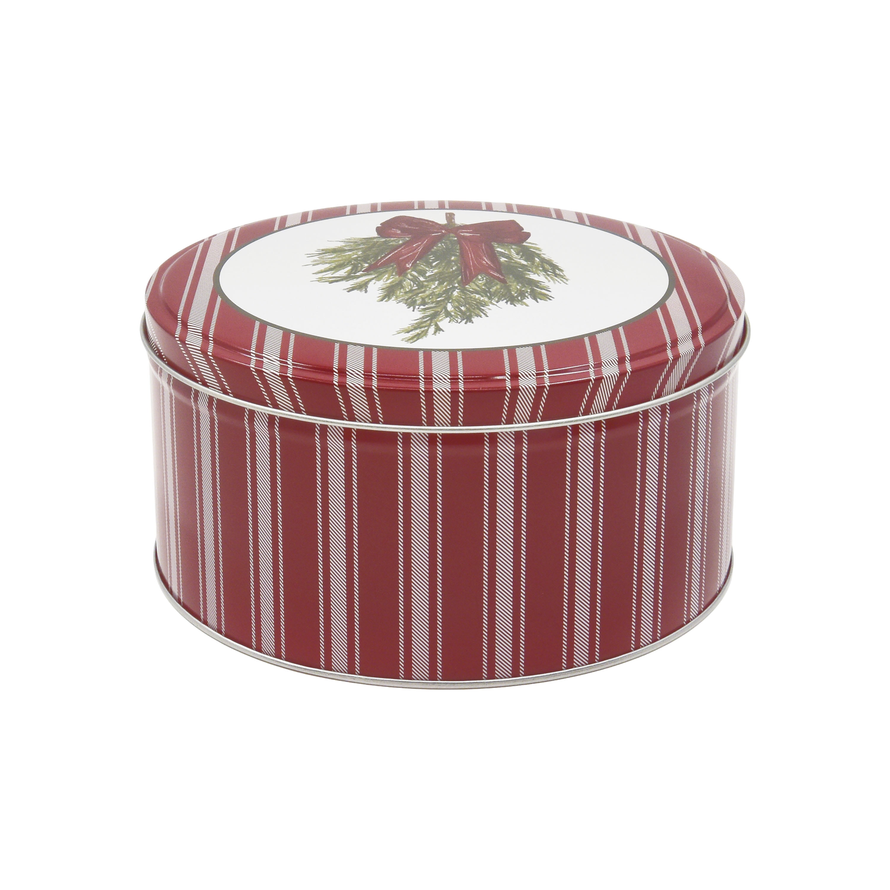 Holiday Time Christmas Swag Red Ribbon Bow Metal Round Gift Tin with Lid, Red White Stripes, Medium, <ul><li>Holiday Time Christmas Swag Red Ribbon Bow Metal Round Gift Tin with Lid, Red White Stripes, Medium</li><li>Made from durable tin-plated steel</li><li>Reusable and eco-friendly</li></ul>