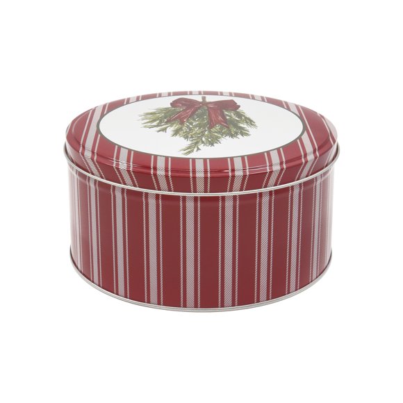 Holiday Time Christmas Swag Red Ribbon Bow Metal Round Gift Tin with Lid, Red White Stripes, Medium