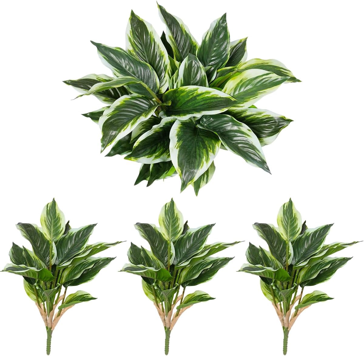 3PCS Artificial Tropical Green Plants – 15.75" Fake Hostas Outdoor Artificial Plants, UV Resistant, Faux Green Leaf Stems for Porch, Patio, Balcony, Garden Planter or Indoor Décor