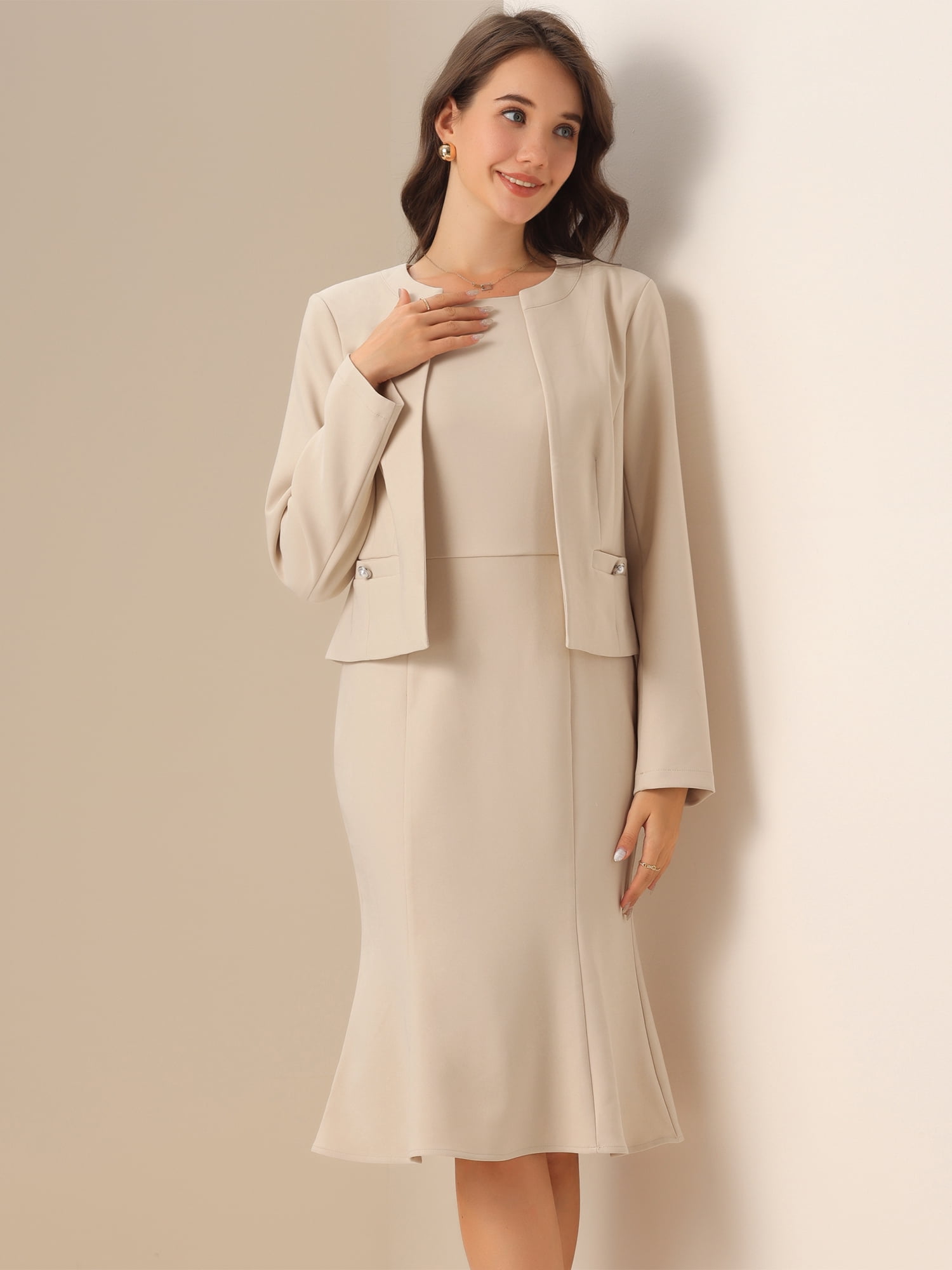 DARING DIVA Women's 2Pcs Suit Sleeveless Dress Crop Blazer Set M Beige