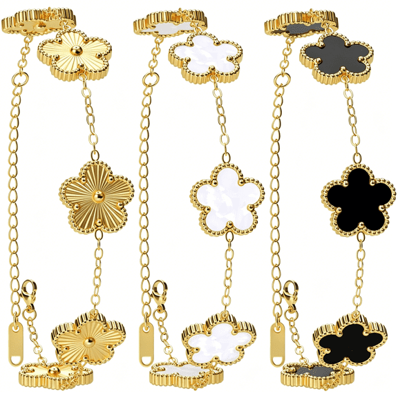 DESIGNICE 18K Gold Plated Clover Bracelet Gold/White/Black Bracelet Set for Women Flower Leaf Lucky Clover Bracelets Trendy Jewelry Birthday Gifts for Women/MoM/Friends